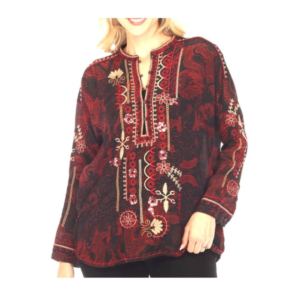 Johnny Was Embroidered Tunic Size-M Multicolor 100% Silk